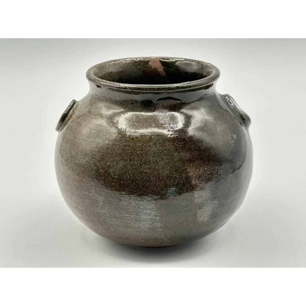 Vintage Artist Signed Stoneware Pot 4x4 Dark Glaze Studio Pottery